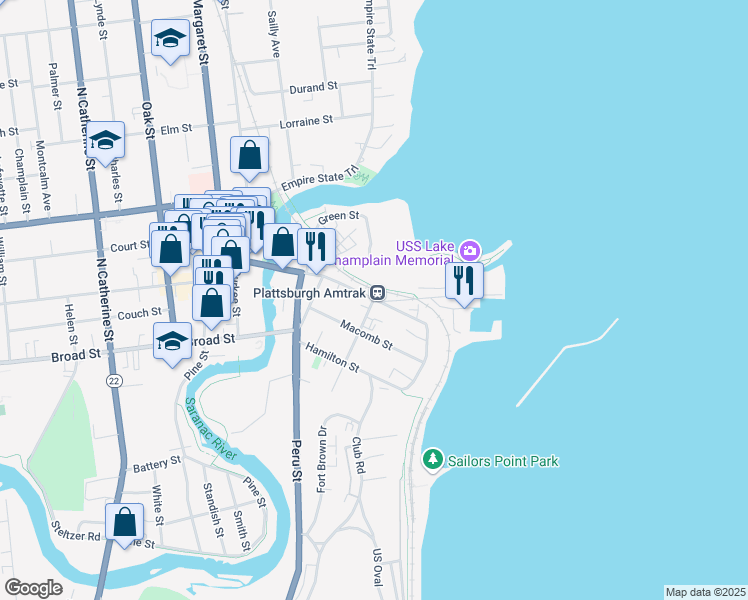map of restaurants, bars, coffee shops, grocery stores, and more near Bridge Street & Macdonough Street in Plattsburgh