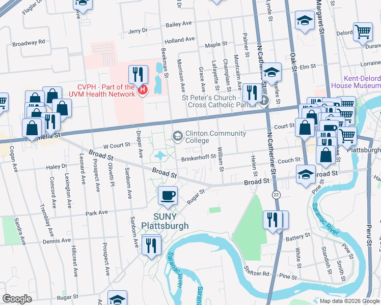 map of restaurants, bars, coffee shops, grocery stores, and more near 142 Brinkerhoff Street in Plattsburgh