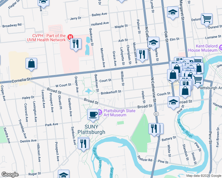 map of restaurants, bars, coffee shops, grocery stores, and more near 5 Wells Street in Plattsburgh