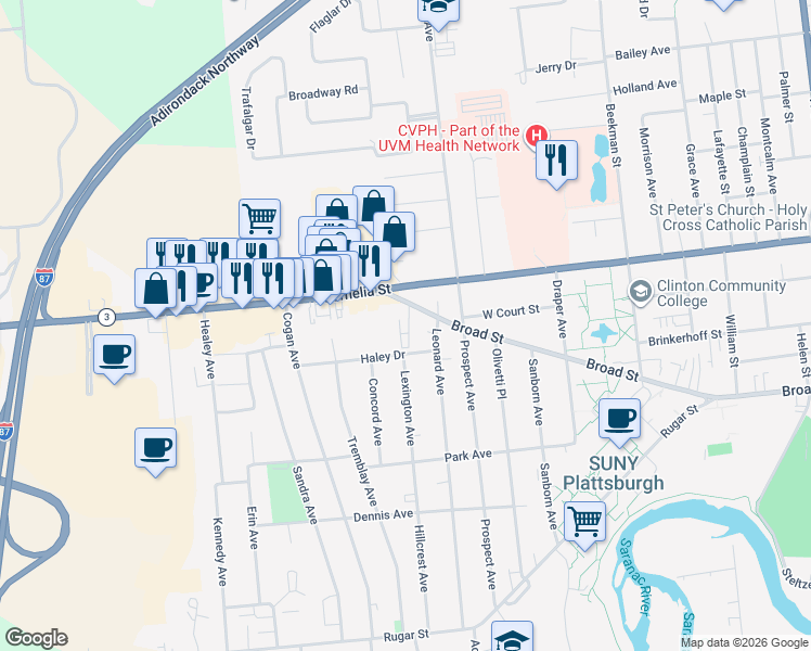 map of restaurants, bars, coffee shops, grocery stores, and more near 181 Broad Street in Plattsburgh