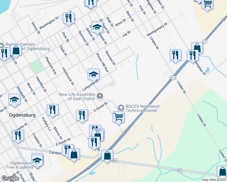 map of restaurants, bars, coffee shops, grocery stores, and more near 801,809 Park Street in Ogdensburg