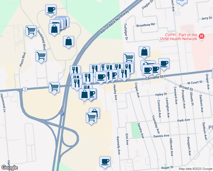 map of restaurants, bars, coffee shops, grocery stores, and more near 10 Healey Avenue in Plattsburgh