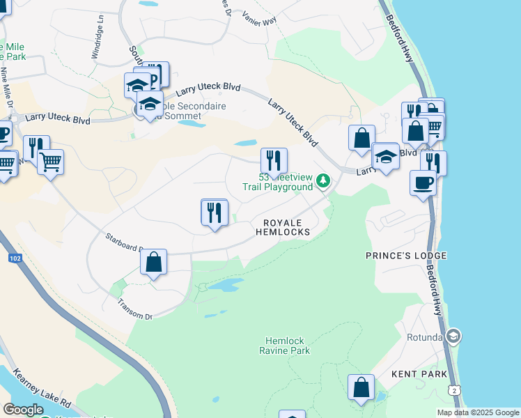 map of restaurants, bars, coffee shops, grocery stores, and more near 69 Outrigger Crescent in Halifax