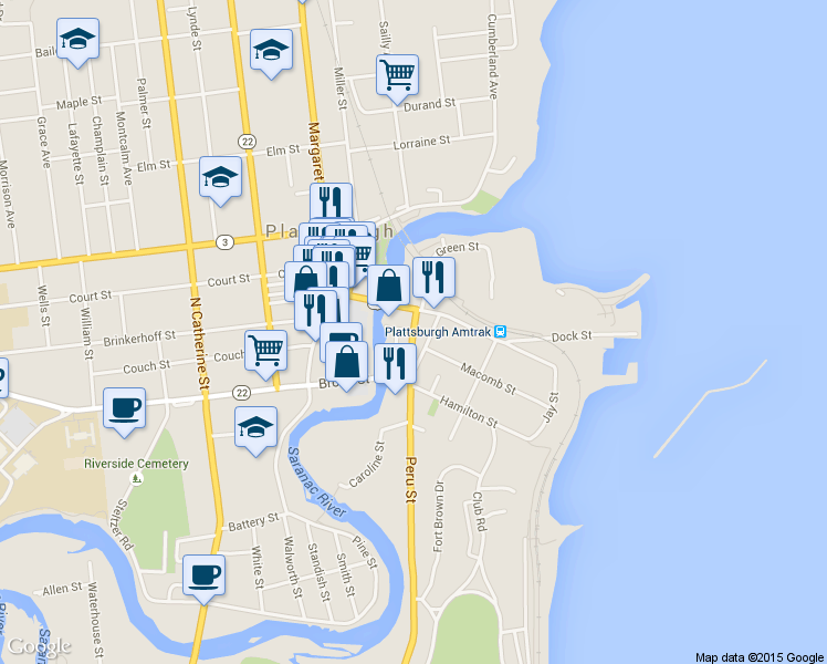 map of restaurants, bars, coffee shops, grocery stores, and more near 5550 Peru Street in Plattsburgh