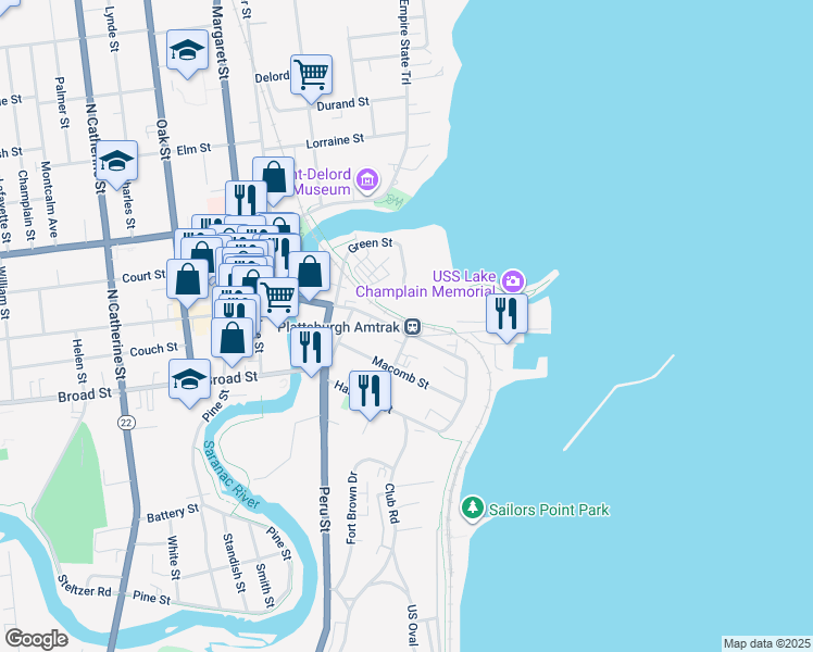 map of restaurants, bars, coffee shops, grocery stores, and more near 121 Bridge Street in Plattsburgh