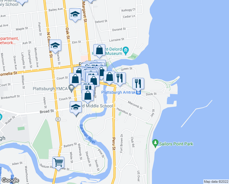 map of restaurants, bars, coffee shops, grocery stores, and more near New York State Bicycle Route 9 & Pond Street in Plattsburgh