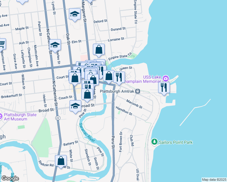 map of restaurants, bars, coffee shops, grocery stores, and more near Peru St & Pond Street in Plattsburgh