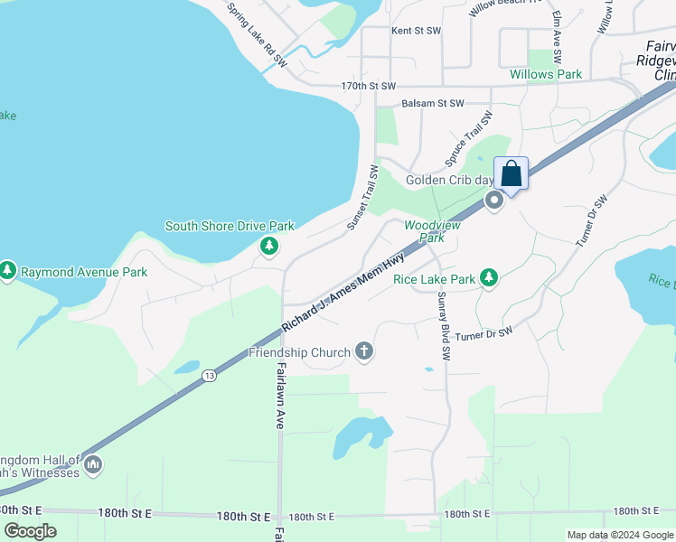 map of restaurants, bars, coffee shops, grocery stores, and more near 17458 Sunray Circle Southwest in Prior Lake