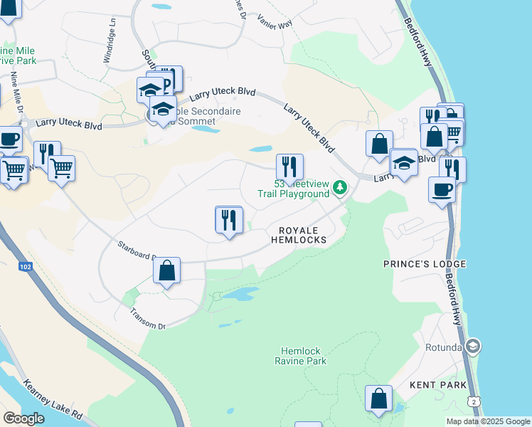 map of restaurants, bars, coffee shops, grocery stores, and more near 68 Bosun Run in Halifax