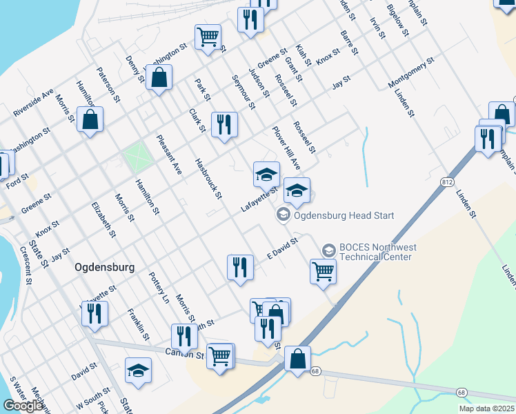 map of restaurants, bars, coffee shops, grocery stores, and more near 1111-1115 Lafayette St in Ogdensburg