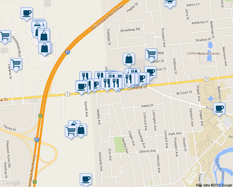 map of restaurants, bars, coffee shops, grocery stores, and more near 333 Cornelia Street in Plattsburgh