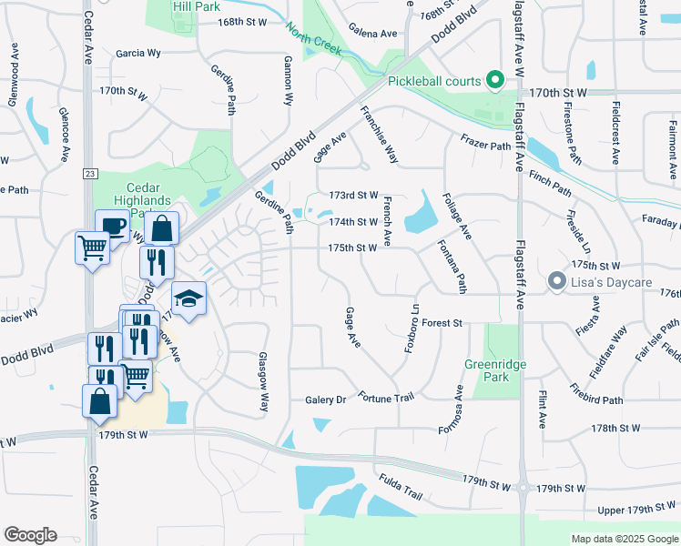 map of restaurants, bars, coffee shops, grocery stores, and more near 17520 Gage Avenue in Farmington