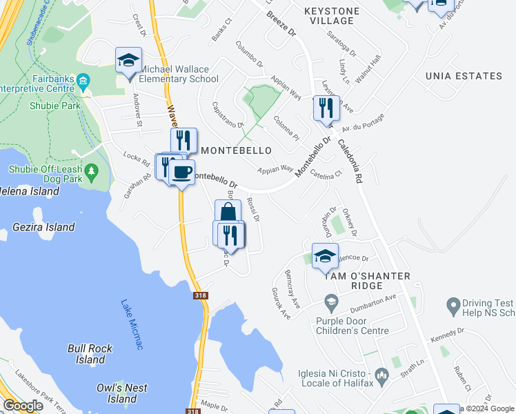 map of restaurants, bars, coffee shops, grocery stores, and more near 7 Rossi Drive in Dartmouth