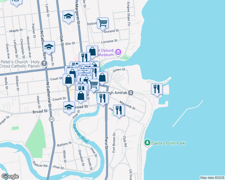 map of restaurants, bars, coffee shops, grocery stores, and more near in Plattsburgh