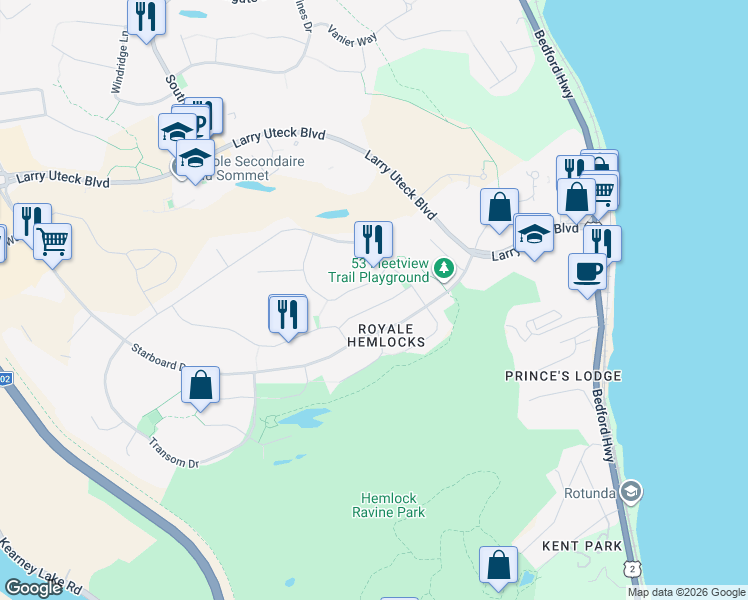 map of restaurants, bars, coffee shops, grocery stores, and more near 43 Outrigger Crescent in Halifax