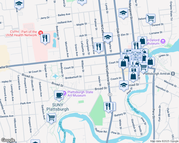 map of restaurants, bars, coffee shops, grocery stores, and more near 11 Pleasant St in Plattsburgh