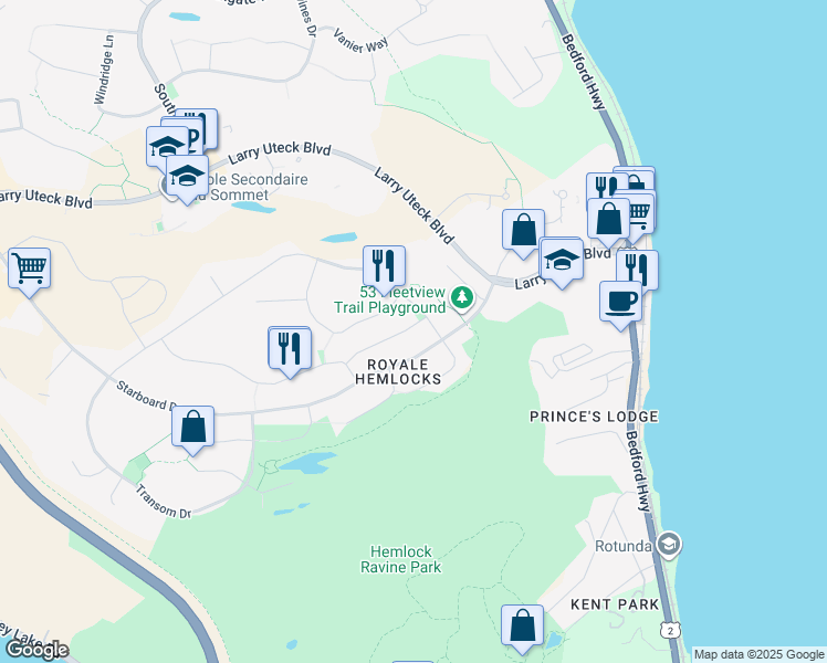 map of restaurants, bars, coffee shops, grocery stores, and more near 18 Outrigger Crescent in Halifax