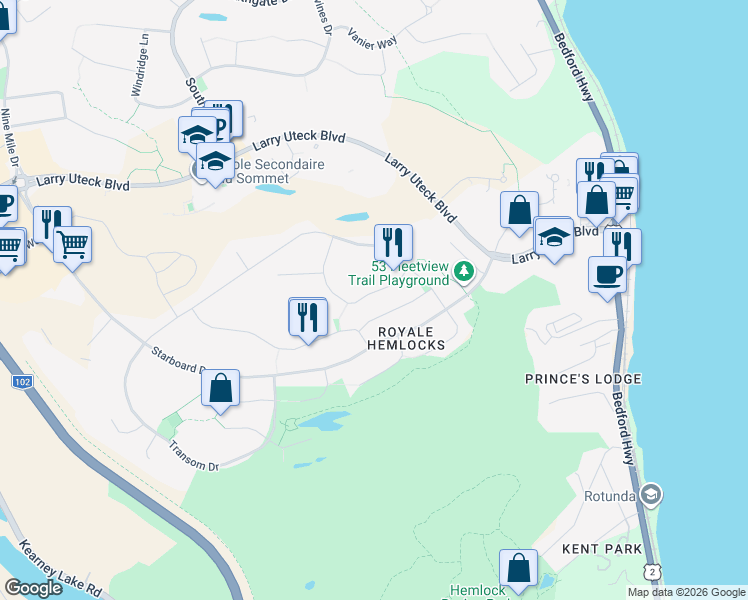 map of restaurants, bars, coffee shops, grocery stores, and more near 68 Bosun Run in Halifax