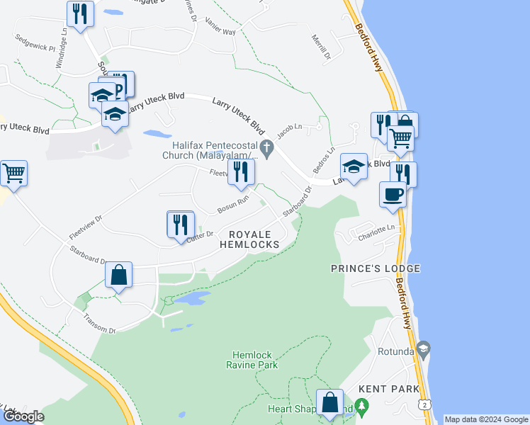 map of restaurants, bars, coffee shops, grocery stores, and more near 10 Outrigger Crescent in Halifax
