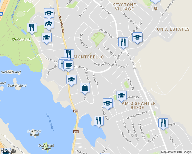 map of restaurants, bars, coffee shops, grocery stores, and more near 5 Rossi Drive in Dartmouth