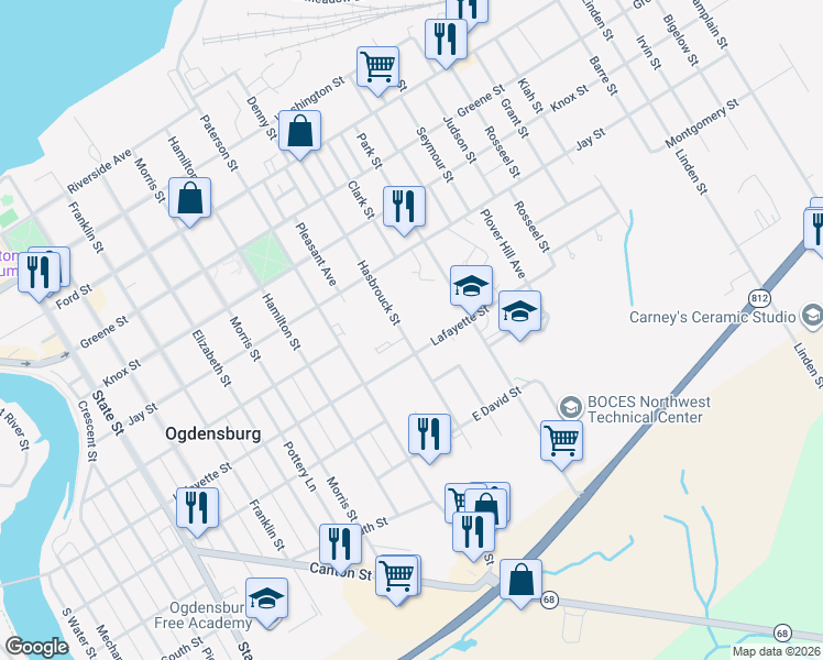 map of restaurants, bars, coffee shops, grocery stores, and more near 718 Hasbrouck St in Ogdensburg