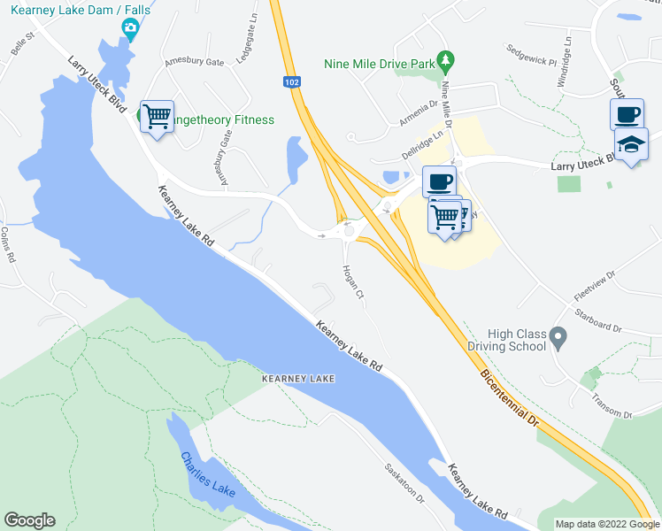 map of restaurants, bars, coffee shops, grocery stores, and more near 21 Hogan Court in Bedford