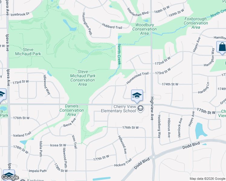 map of restaurants, bars, coffee shops, grocery stores, and more near 17432 Hummingbird Avenue in Lakeville