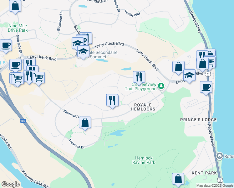 map of restaurants, bars, coffee shops, grocery stores, and more near 104 Bosun Run in Halifax