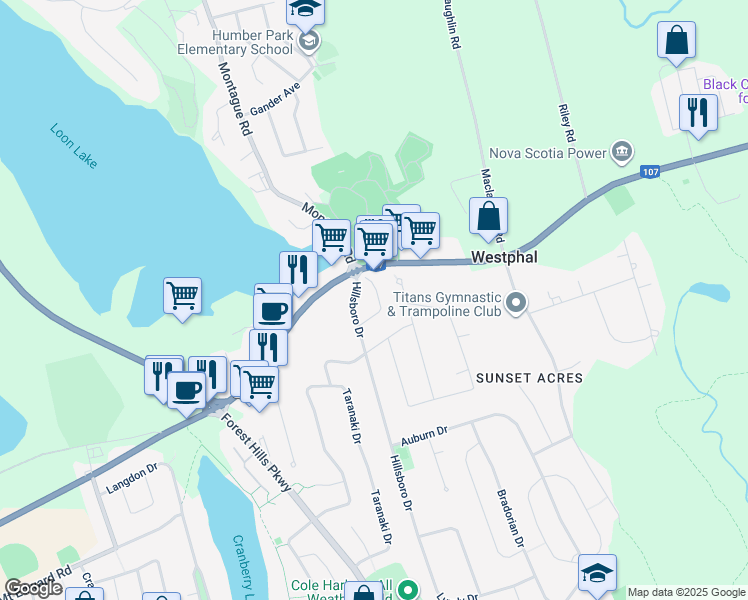 map of restaurants, bars, coffee shops, grocery stores, and more near 24 Barbara Drive in Dartmouth