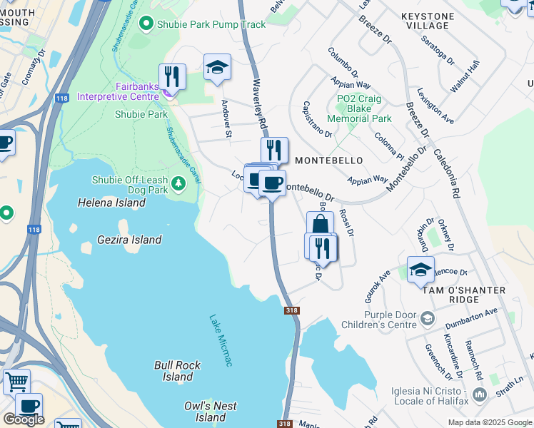 map of restaurants, bars, coffee shops, grocery stores, and more near 237 Waverley Road in Dartmouth