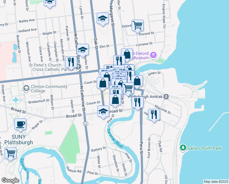 map of restaurants, bars, coffee shops, grocery stores, and more near 10 Brinkerhoff Street in Plattsburgh