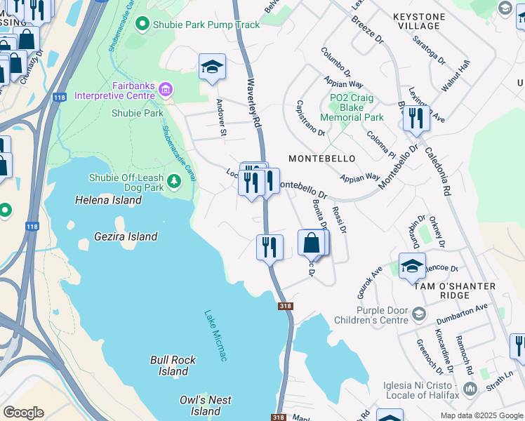 map of restaurants, bars, coffee shops, grocery stores, and more near 237 Waverley Road in Dartmouth