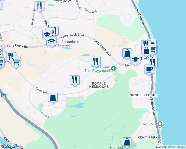 map of restaurants, bars, coffee shops, grocery stores, and more near 42 Bosun Run in Halifax