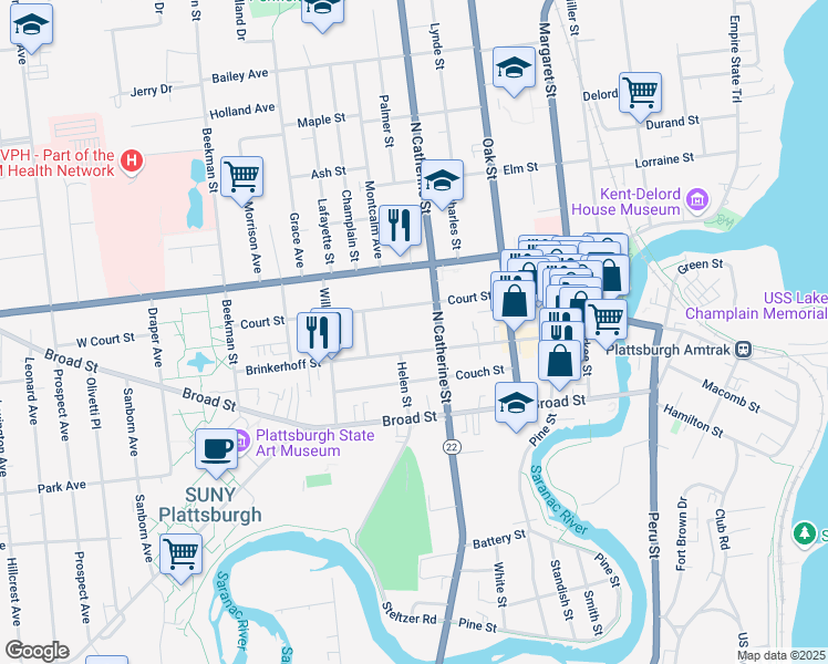 map of restaurants, bars, coffee shops, grocery stores, and more near 5135 North Catherine Street in Plattsburgh