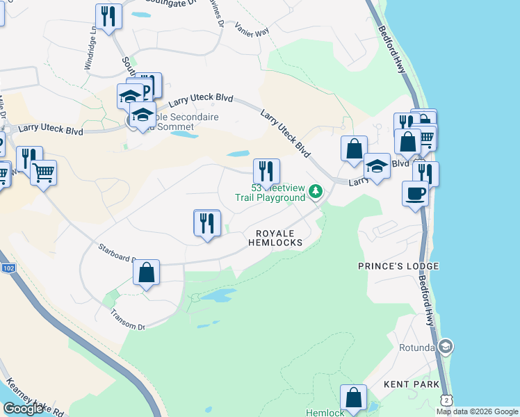 map of restaurants, bars, coffee shops, grocery stores, and more near 43 Outrigger Crescent in Halifax