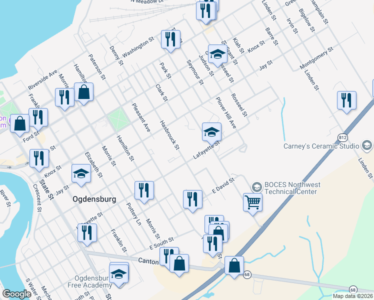 map of restaurants, bars, coffee shops, grocery stores, and more near 718 Hasbrouck St in Ogdensburg