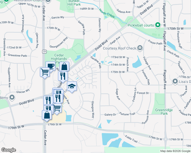 map of restaurants, bars, coffee shops, grocery stores, and more near 17520 Gillette Way in Lakeville