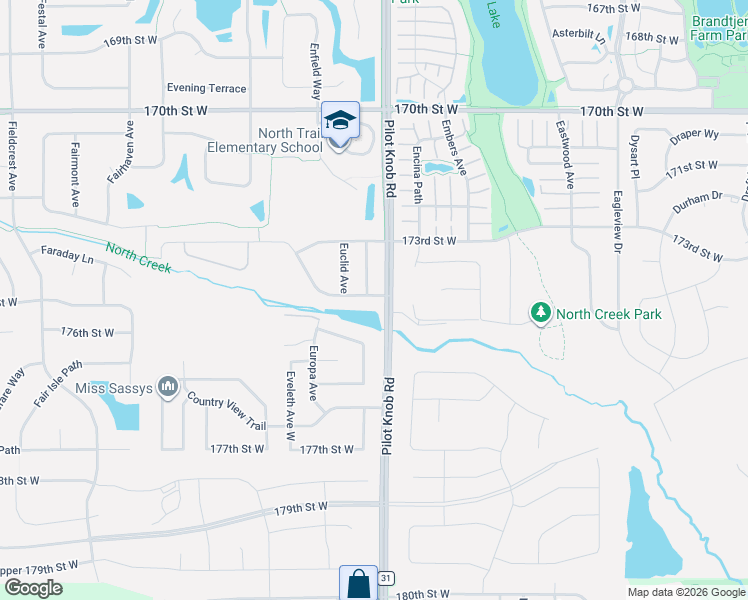 map of restaurants, bars, coffee shops, grocery stores, and more near 17408 North Creek Drive in Farmington