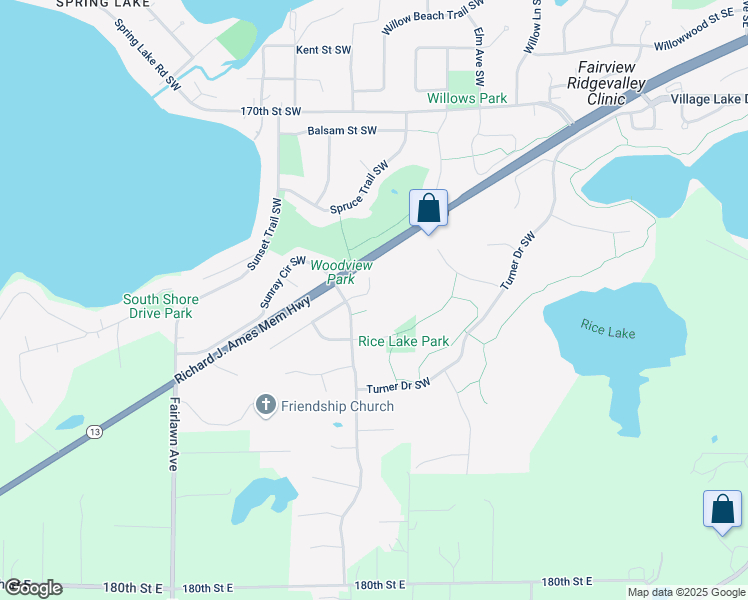 map of restaurants, bars, coffee shops, grocery stores, and more near 3385 Griggs Street Southwest in Prior Lake