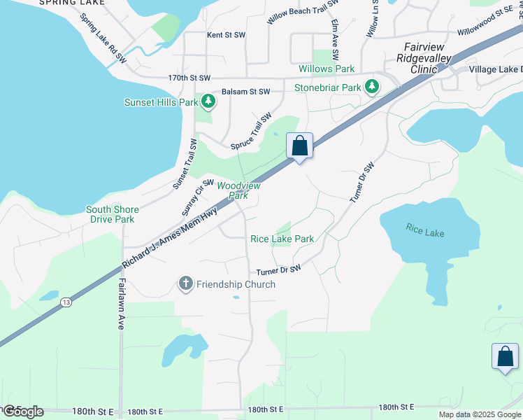 map of restaurants, bars, coffee shops, grocery stores, and more near 3385 Griggs Street Southwest in Prior Lake