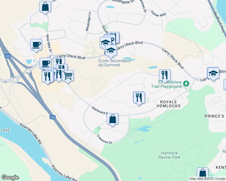 map of restaurants, bars, coffee shops, grocery stores, and more near 302 Fleetview Drive in Halifax