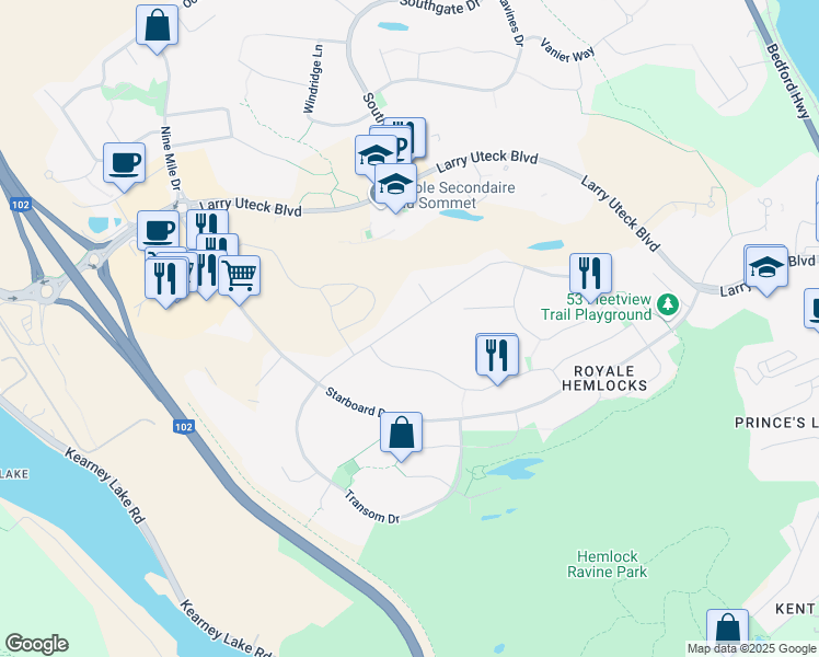 map of restaurants, bars, coffee shops, grocery stores, and more near 302 Fleetview Drive in Halifax