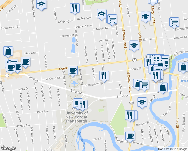 map of restaurants, bars, coffee shops, grocery stores, and more near 5 Wells Street in Plattsburgh