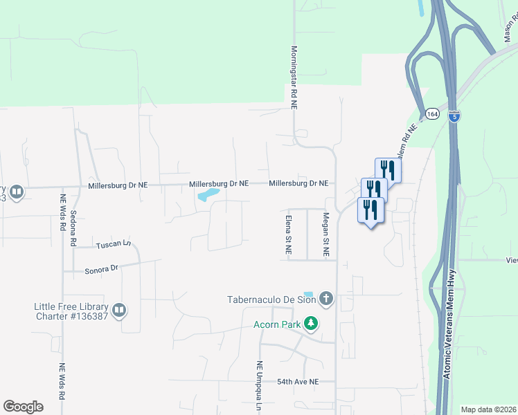 map of restaurants, bars, coffee shops, grocery stores, and more near 3170 Millersburg Drive Northeast in Albany