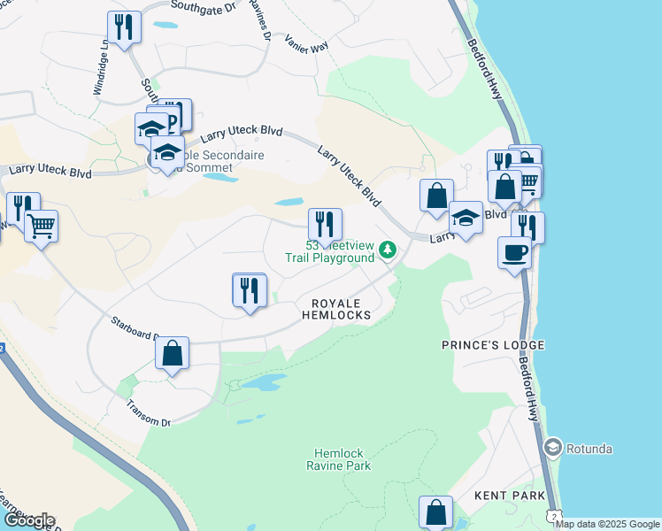 map of restaurants, bars, coffee shops, grocery stores, and more near 43 Outrigger Crescent in Halifax