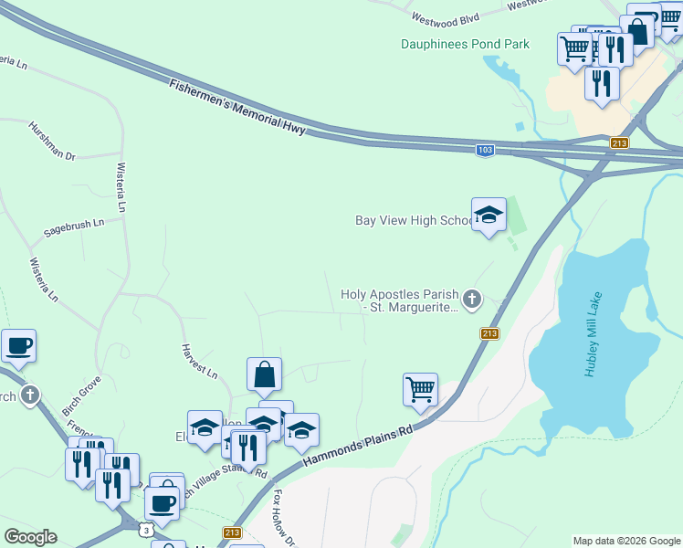 map of restaurants, bars, coffee shops, grocery stores, and more near 43 Alderberry Lane in Upper Tantallon