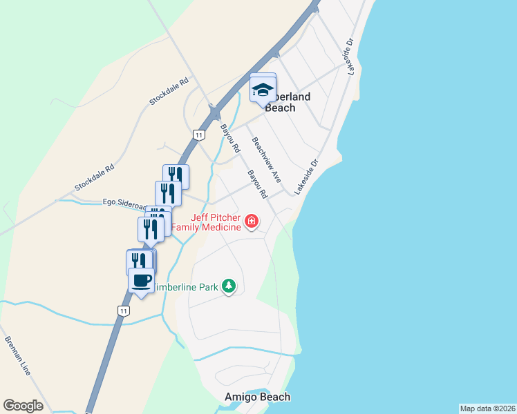 map of restaurants, bars, coffee shops, grocery stores, and more near 3498 Shadow Creek Road in Orillia