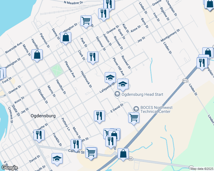 map of restaurants, bars, coffee shops, grocery stores, and more near 1111-1115 Lafayette St in Ogdensburg