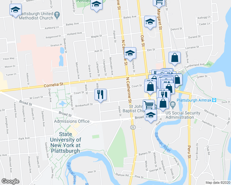 map of restaurants, bars, coffee shops, grocery stores, and more near 91 Court Street in Plattsburgh