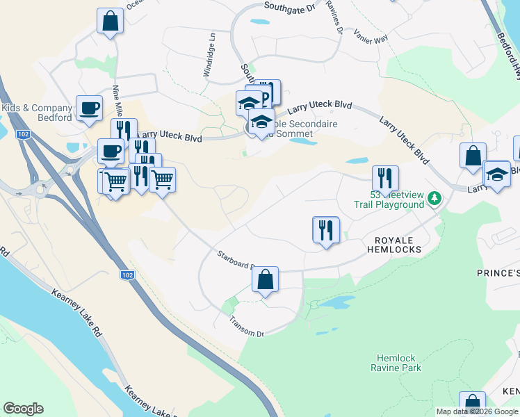 map of restaurants, bars, coffee shops, grocery stores, and more near 307 Fleetview Drive in Halifax